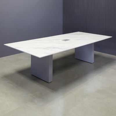 108-inch Aurora Rectangular Conference Table in 1/2-inch calcutta blanc engineered surface top, fog gray matte laminate standard base, and silver MX3 power box.