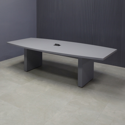 108-inch Newton Boat Conference Table in gray traceless laminate on top & standard base, and black MX2 power box.
