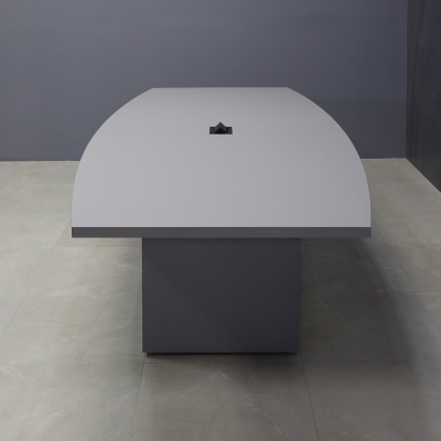 108-inch Newton Boat Conference Table in gray traceless laminate on top & standard base, and black MX2 power box.