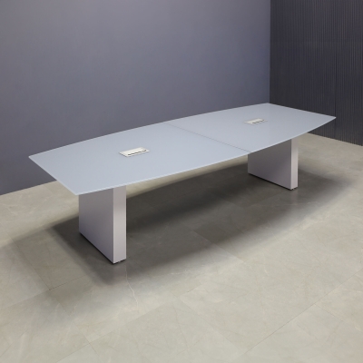108-inch Omaha Boat Conference Table in 1/2-inch medium gray tempered glass top, white gloss laminate standard base, and two silver MX3 power boxes.