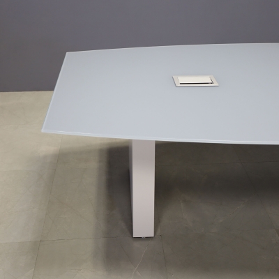 108-inch Omaha Boat Shape Conference Table in 1/2-inch medium gray tempered glass top, standard column base in white gloss laminate base, and two silver MX3 silver power boxes.