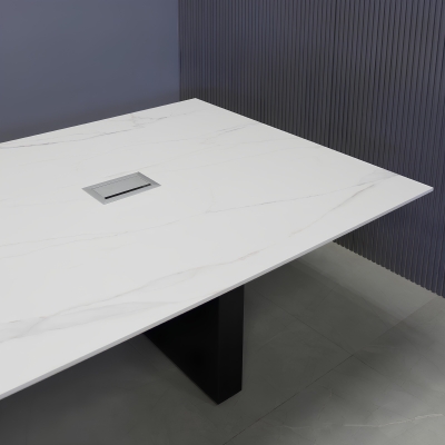 120-inch Aurora Rectangular Conference Table in 1/2-inch solenne marble engineered surface top, black matte laminate standard base, and two silver MX3 power boxes.