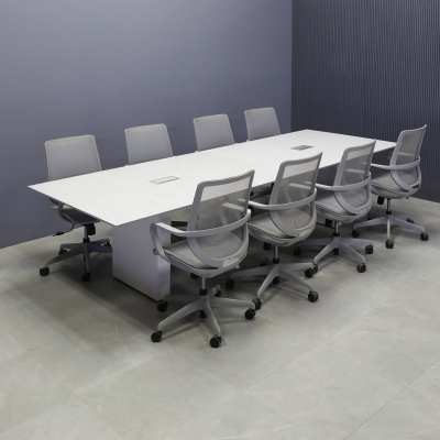 120-inch Aurora Rectangular Conference Table in 1/2-inch spanish limestone engineered surface top, dover off-white matte laminate standard base, and two silver MX3 power boxes.