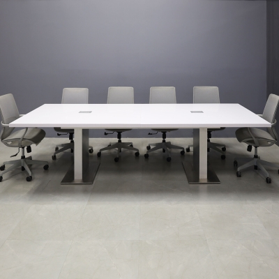 120-inch Newton Rectangular Conference Table in white gloss laminate top and brushed aluminum laminate custom pedestal base, with two silver MX2 power boxes, shown here.