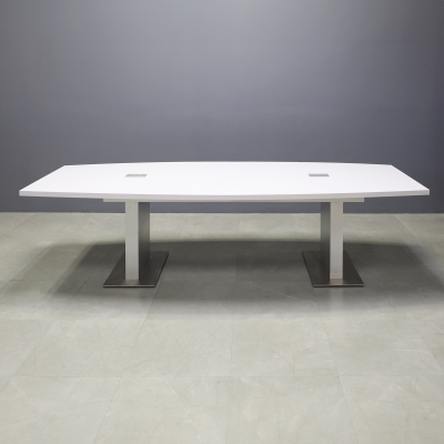 120-inch Newton Boat Shape Conference Table in white gloss laminate top, brushed aluminum laminate custom pedestal base, and two silver MX2 power boxes.