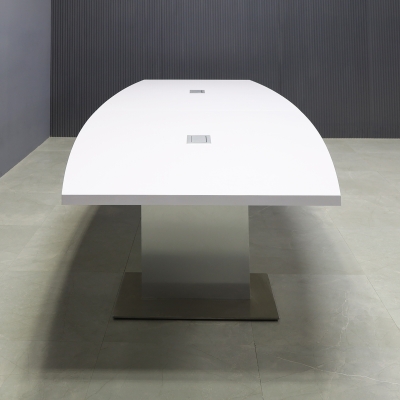 120-inch Newton Boat Shape Conference Table in white gloss laminate top, brushed aluminum laminate custom pedestal base, and two silver MX2 power boxes.