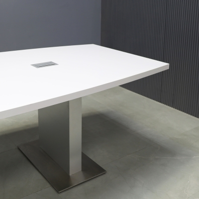 120-inch Newton Boat Shape Conference Table in white gloss laminate top, brushed aluminum laminate custom pedestal base, and two silver MX2 power boxes.