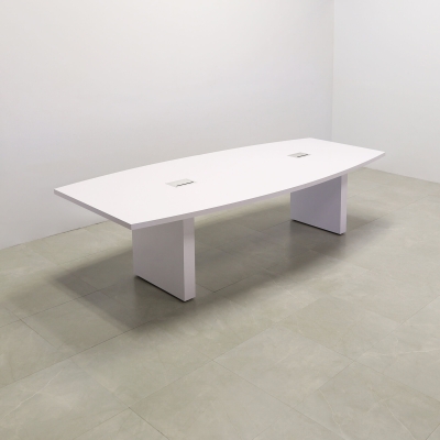 120-inch Newton Boat Shape Conference Table in white gloss laminate top & standard base, and two silver MX3 power boxes.