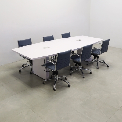 120-inch Newton Boat Shape Conference Table in white gloss laminate top & standard base, and two silver MX3 power boxes.