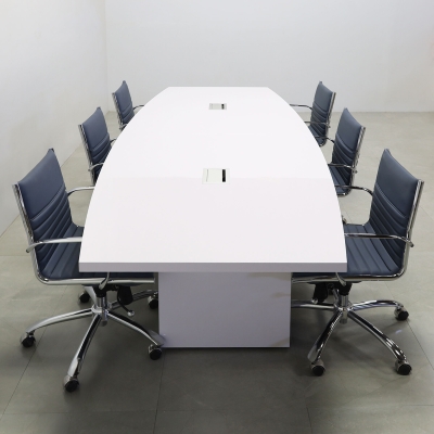 120-inch Newton Boat Shape Conference Table in white gloss laminate top & standard base, and two silver MX3 power boxes.