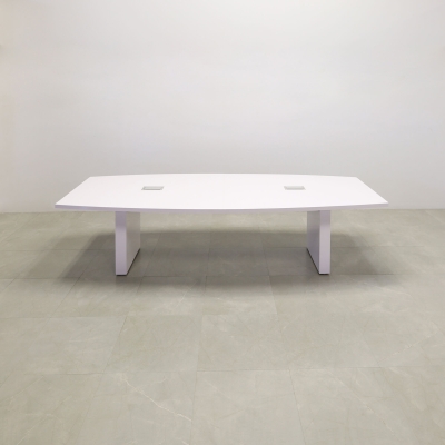 120-inch Newton Boat Shape Conference Table in white gloss laminate top & standard base, and two silver MX3 power boxes.