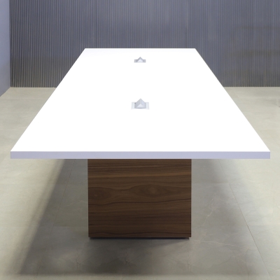 120-inch Newton Rectangular Conference Table in white matte laminate top and walnut veneer standard base, with two silver MX2 power boxes, shown here.