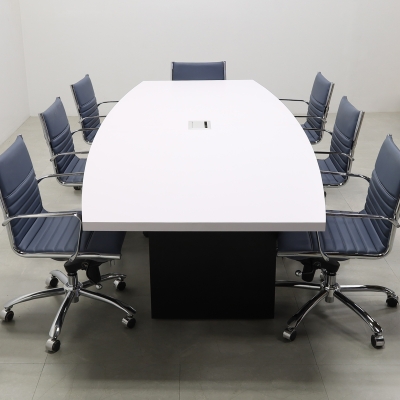 120-inch Newton Boar Shaped Conference Table in white matte laminate top, standard black matte laminate, and silver MX3 power box.