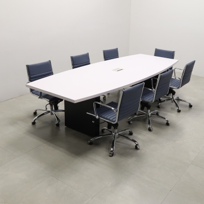120-inch Newton Boar Shaped Conference Table in white matte laminate top, standard black matte laminate, and silver MX3 power box.