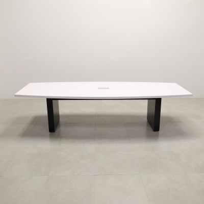 120-inch Newton Boar Shaped Conference Table in white matte laminate top, standard black matte laminate, and silver MX3 power box.