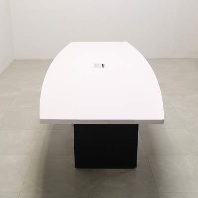 120-inch Newton Boar Shaped Conference Table in white matte laminate top, standard black matte laminate, and silver MX3 power box.
