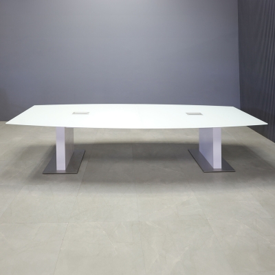 120-inch Omaha Boat Shape Conference Table in 1/2-inch white tempered glass top, custom pedestal base in white gloss laminate, and two silver MX3 power boxes.