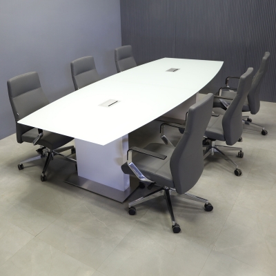 120-inch Omaha Boat Shape Conference Table in 1/2-inch white tempered glass top, custom pedestal base in white gloss laminate, and two silver MX3 power boxes.