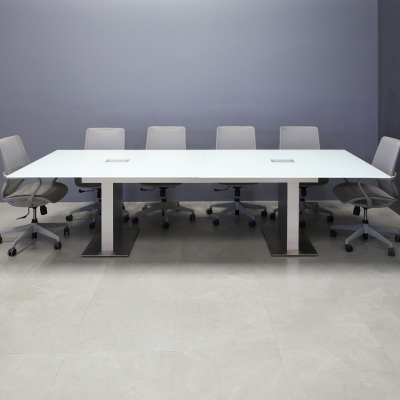 120-inch Omaha Rectangular Conference Table in 1/2-inch white tempered glass top, with custom pedestal base in brushed aluminum, and 2 silver MX3 power boxes.