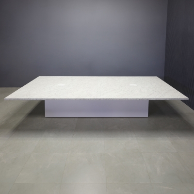 144-inch Newton Rectangular Conference Table in carrara laminate top, with two white MX2 power boxes, and white matte laminate column base.