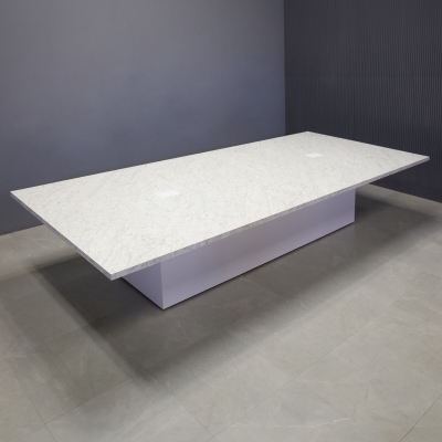144-inch Newton Rectangular Conference Table in carrara laminate top, with two white MX2 power boxes, and white matte laminate column base.