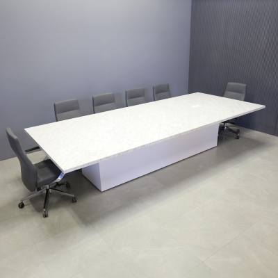 144-inch Newton Rectangular Conference Table in carrara laminate top, with two white MX2 power boxes, and white matte laminate column base.