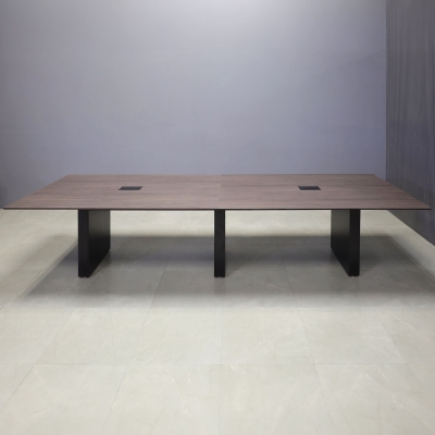 144-inch Aurora Rectangular Conference Table in 1/2-inch Gray oak engineered surface top, black matte laminate standard base, and 2 black MX3 power boxes.