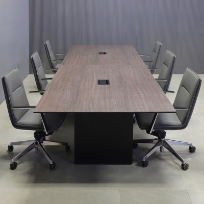 144-inch Aurora Rectangular Conference Table in 1/2-inch Gray oak engineered surface top, black matte laminate standard base, and 2 black MX3 power boxes.