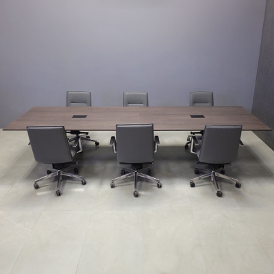 144-inch Aurora Rectangular Conference Table in 1/2-inch Gray oak engineered surface top, black matte laminate standard base, and 2 black MX3 power boxes.
