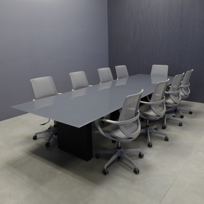144-inch Omaha Rectangular Conference Table in 1/2-inch medium gray tempered glass top, with standard column base in black matte laminate.