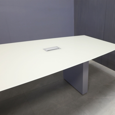 144-inch Omaha Boat Shape Conference Table in 1/2-inch taupe tempered glass top, standard column base in fog gray matte laminate base, and two silver MX3 silver power boxes.