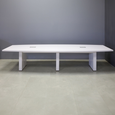 144-inch Newton Boat Conference Table in white gloss laminate tops & standard base, and two silver MX3 power boxes.