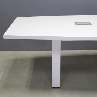 144-inch Newton Boat Conference Table in white gloss laminate tops & standard base, and two silver MX3 power boxes.