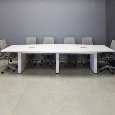 144-inch Newton Boat Conference Table in white gloss laminate tops & standard base, and two silver MX3 power boxes.