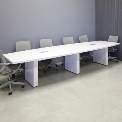 144-inch Newton Boat Conference Table in white gloss laminate tops & standard base, and two silver MX3 power boxes.