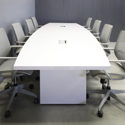 144-inch Newton Boat Conference Table in white gloss laminate tops & standard base, and two silver MX3 power boxes.