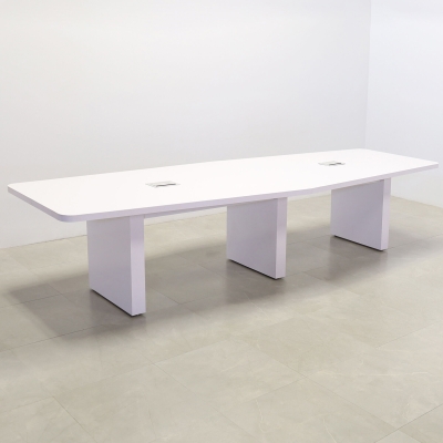 144-inch Newton Boat Conference Table in white matte laminate top & standard base, and two silver MX3 power boxes.