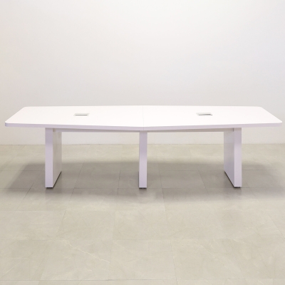 144-inch Newton Boat Conference Table in white matte laminate top & standard base, and two silver MX3 power boxes.