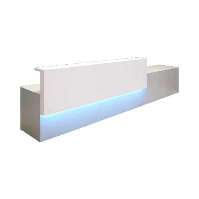 150-inch Los Angeles Long and ADA Compliant Custom Reception Desk with the counter on the left side when facing front in white matte laminate, folkstone gray matte laminate desk, and color changing LED.