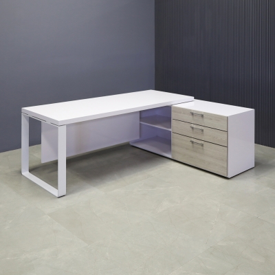 Aspen Executive Desk With Credenza in white gloss laminate top & credenza, greywood matte laminate privacy panel & front drawers, and white metal leg shown here.