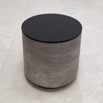 16-inch Norfolk Round Lonny Side Table in 1/2-inch black traceless engineered surface top, and metropolitan concrete PVC side table & toe-kick. 