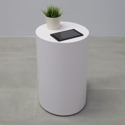 16-inch Norfolk Round Loby Pedestal Lobby Table in white matte laminate top and side table.