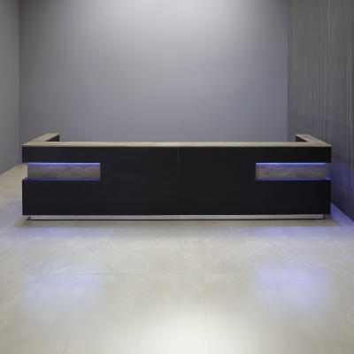 180-inch Manhattan Large U-Shape Custom Reception Desk in metropolitan concrete PVC counter top & accent panel, black traceless laminate main desk, brushed aluminum toe-kick, and color changing LED.