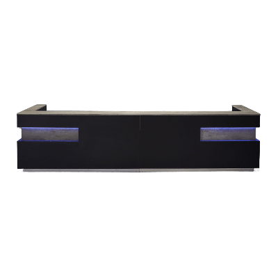 180-inch Manhattan Large U-Shape Custom Reception Desk in metropolitan concrete PVC counter top & accent panel, black traceless laminate main desk, brushed aluminum toe-kick, and color changing LED.