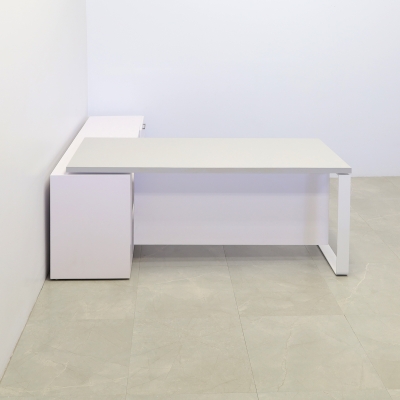 Aspen Executive Desk With Credenza and Laminate Top in fog gray matte lamina top, white matte laminate privacy panel and credenza, and white metal leg shown here.