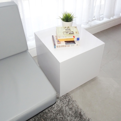 20-inch Norfolk Custom Square Side Table in white gloss laminate top, side table, and brushed laminate toe-kick.