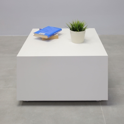 24-inch Norfolk Custom Square Side Table in white matte laminate top, side table, and brushed laminate toe-kick.