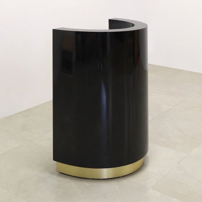32-inch Lima Round Podium & Host Custom Desk in black gloss laminate main desk and gold aluminum toe-kick.