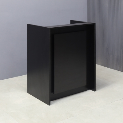 32-inch New York U-Shape Podium & Host Custom Desk in black matte laminate main desk, front panel & accent recessed.