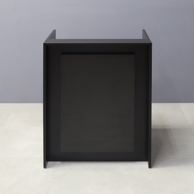 32-inch New York U-Shape Podium & Host Custom Desk in black matte laminate main desk, front panel & accent recessed.